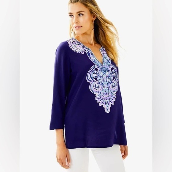 Lilly Pulitzer 100% Silk Renato Pineapple Dinner Tunic Bright Navy Size Small